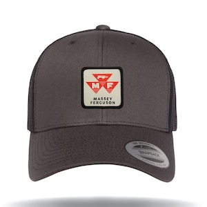 May include: A dark gray trucker hat with a red and white Massey Ferguson logo patch on the front. The hat has a black mesh back and a white snap closure.
