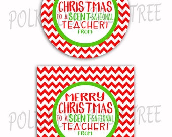 INSTANT DOWNLOAD DIY Printable Green Red Chevron Merry Christmas To A Scent-sational Teacher Gift Tags Hand Lotion Gift Tag Candle Gift Tag