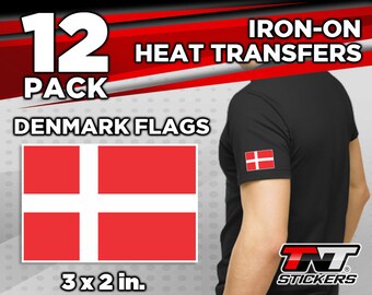 12x Denmark Flags. Iron on Heat Transfers Size 3 x 2 in.