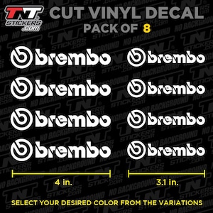 May include: White Brembo cut vinyl decals, pack of 8. The decals measure 4 inches (10.16 cm) and 3.1 inches (7.87 cm) in length. The text "Brembo" is displayed in a bold, sans-serif font. The image also includes the text "CUT VINYL DECAL" and "SELECT YOUR DESIRED COLOR FROM THE VARIATIONS."