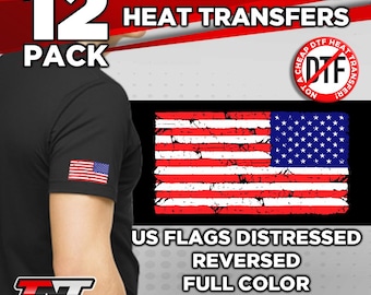 Distressed US Flag Iron On Heat Transfers | Reversed, 12 Pack