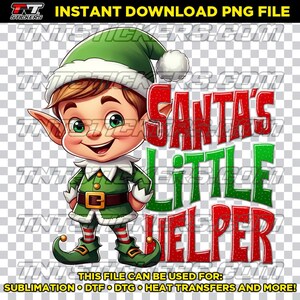 May include: A cartoon elf with green clothing and a red hat stands with hands on hips. The elf is smiling and has brown hair. The text "Santa's Little Helper" is written in red and green letters with a glittery effect.