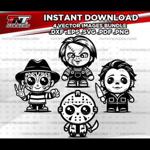 May include: A set of four black and white vector images of horror movie characters. The characters are Freddy Krueger, Jason Voorhees, Chucky, and Michael Myers. Each character is depicted in a cute, chibi style with large eyes and a friendly expression.