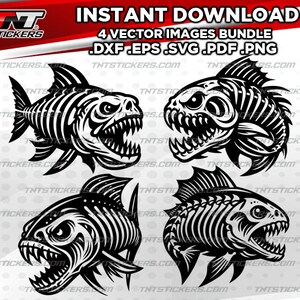 May include: Four black and white vector images of a fish skeleton with sharp teeth. The fish are in different poses, with their mouths open and their fins spread out. The images are perfect for use in a variety of projects, such as t-shirt designs, stickers, and website graphics.