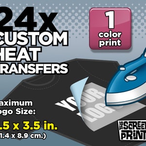 Image showing an illustration of a household iron applying a custom ordered screen printed heat transfer