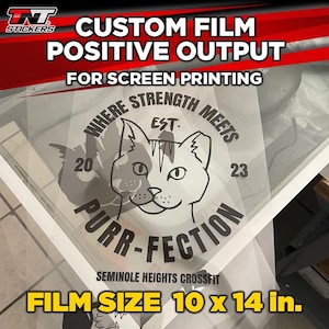 May include: A black and white graphic design of a cat with the text "Where Strength Meets" and "Purr-fection" around it. The text "Est. 20 23" is above the cat. The text "Seminole Heights CrossFit" is below the cat. The text "Film Size 10 x 14 in." is at the bottom of the image.
