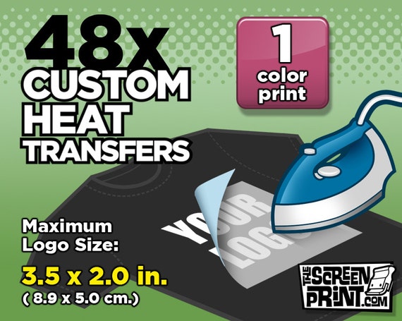 48 Custom Plastisol Heat Transfers, 1-Color Logo (3.5 x 2.0 in)