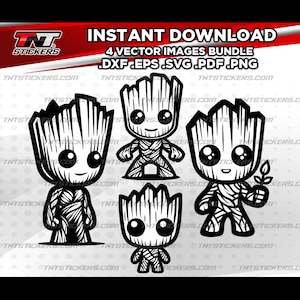 Può includere: Un set di quattro immagini vettoriali in bianco e nero di un personaggio dei cartoni animati, Groot dei Guardiani della Galassia. Le immagini sono in un pacchetto per il download istantaneo e includono i formati di file DXF, EPS, SVG, PDF e PNG.