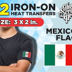 May include: Twelve iron-on heat transfers featuring the Mexican flag. Each transfer measures 3 inches by 2 inches. The image shows a person wearing a black t-shirt with a transfer on the sleeve.