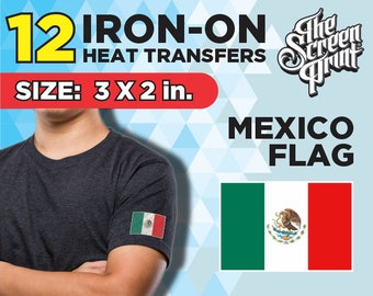 12x MEXICO Flags. Iron on Heat Transfers Size 3 x 2 in.