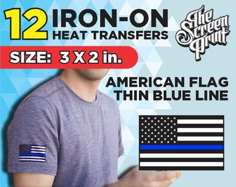 Thin Blue Line US Flag Iron-On Transfers (12 Pack, 3x2 in)