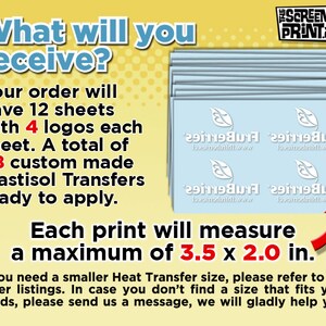 Pu&ograve; includere: Una pila di fogli transfer Plastisol azzurri con quattro loghi per foglio. Ogni stampa misura al massimo 8,9 x 5,1 cm. Il testo sull'immagine recita "What will you receive?" e "Your order will have 12 sheets with 4 logos each sheet. A total of 48 custom made Plastisol Transfers ready to apply."