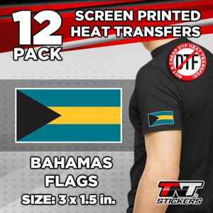 May include: A pack of 12 screen-printed heat transfers featuring the flag of the Bahamas. The flag design includes a black triangle, a yellow stripe, and blue stripes. Each transfer measures 3 x 1.5 inches.