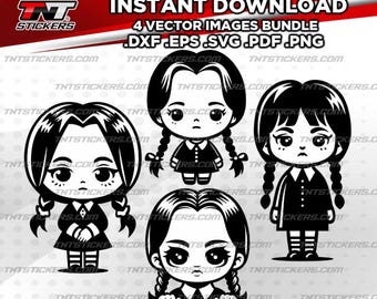 Cute Wednesday Addams Kawaii VECTOR FILE BUNDLE | svg | eps | png | pdf | dxf | Cricut cutter, Laser, Silhouette Cameo, Cutting Plotter.