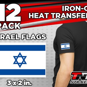 May include: A pack of 12 iron-on heat transfers featuring the Israeli flag. Each transfer measures 3 inches by 2 inches. The image shows a black t-shirt with an iron-on transfer of the Israeli flag on the sleeve. The text "IRON-ON HEAT TRANSFERS" and "T STICKERS" is also visible in the image.