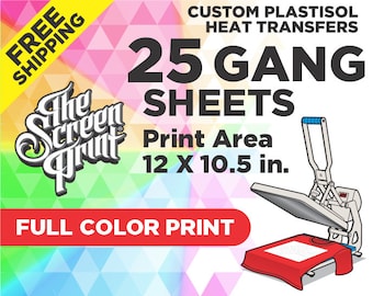 25 Custom Plastisol Heat Transfers Gang Sheets, Full Color 12x10.5 in Print Area
