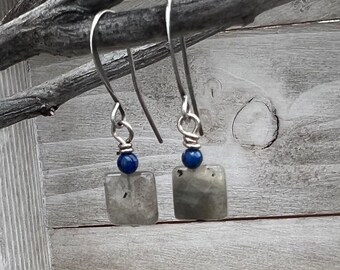 Tiny labradorite and lapis earrings