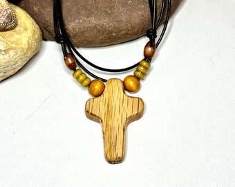 Reclaimed Wood Cross Necklace: Adjustable Choker, Rustic Handmade Pendant