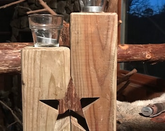 Handcrafted Wooden Star Candle Holder Set: Rustic Home Decor