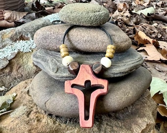 Wood Cross Necklace- Jesus Pendant - Rustic Christian Jewelry -  Personal Accessories - Reclaimed Wood