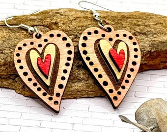 Heart Earrings, Heart Necklace, Hand-Stained, Layered Jewelry, Laser Cut, Matching Set, Multicolored, Hypoallergenic hooks