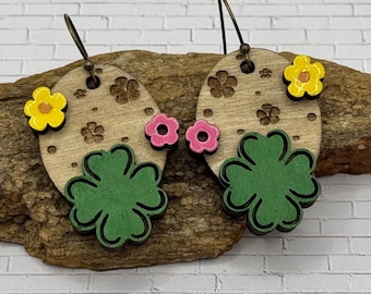 Hand-Painted Shamrock Flower Earrings: Laser-Cut Wood, Brass Wires