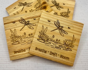 Laser Engraved Wood Coaster: Dragonfly, Lotus Flower - Inspirational Gift