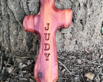 Personalized Cedar Comfort Cross: Handheld Aromatic Wood Cross