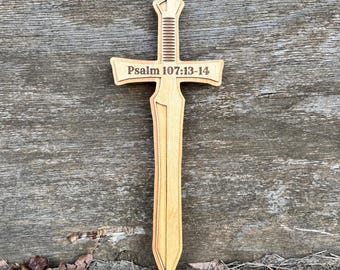 Wood Cross, Christian Decor, Sword Wall Art, Scripture Verse, Personalized Gift