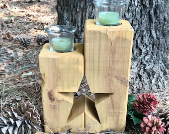 Handcrafted Wooden Star Candle Holder Set: Rustic Home Decor