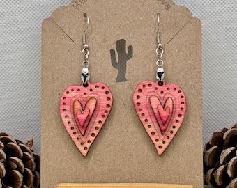 Heart Earrings, Heart Necklace, Hand-Stained, Layered Jewelry, Laser Cut, Matching Set, Hypoallergenic hooks