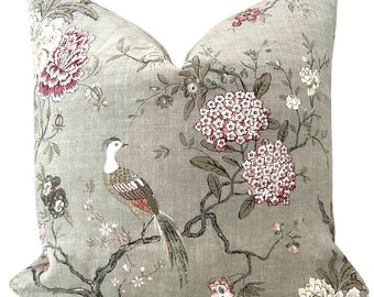 G P Baker Pillow Cover // Baker Oriental Bird Floral Linen Pillow Cover 20x20 22x22 18 20 22 24 26 Euro