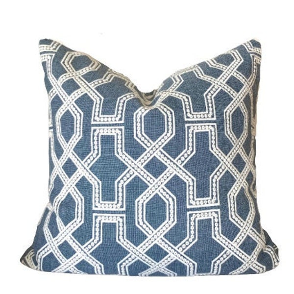 Blue Trellis Pillow Cover // Blue White Embroidered Pillow Cover 18x18 20x20 Throw Pillow 16 18 20 22 24 26 Euro