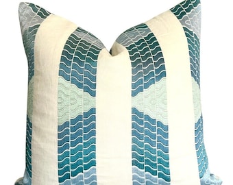 Brunschwig and Fils Pillow Cover //  Brunschwig  Fils Cloud Aqua Embroidered Linen Decorative Pillow Cover // Pillow 20 22 24 26 Euro Lumbar