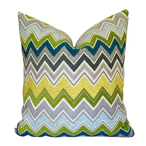 Schumacher Zenyatta Pillow Cover // F. Schumacher Zenyatta Mondatta Blue Green Yellow Zig Zag Custom Pillow Cover