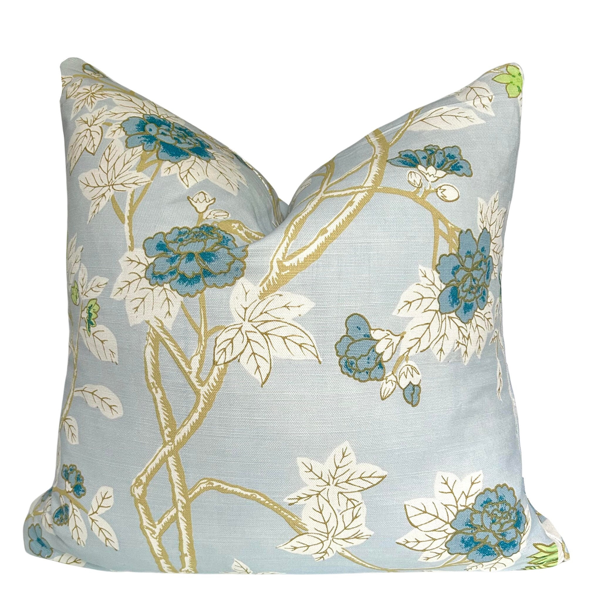 Quadrille Pillow Cover // Quadrille Happy Garden Windsor Blue Floral Print Linen Custom Designer Pillow Cover 18 20 22 24 26 Euro Lumbar