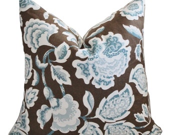 Schumacher Deco Floral Pillow Cover // Blue Brown Floral Print PIllow Cover 18x18, 20x20, 22x22 24 26 Euro