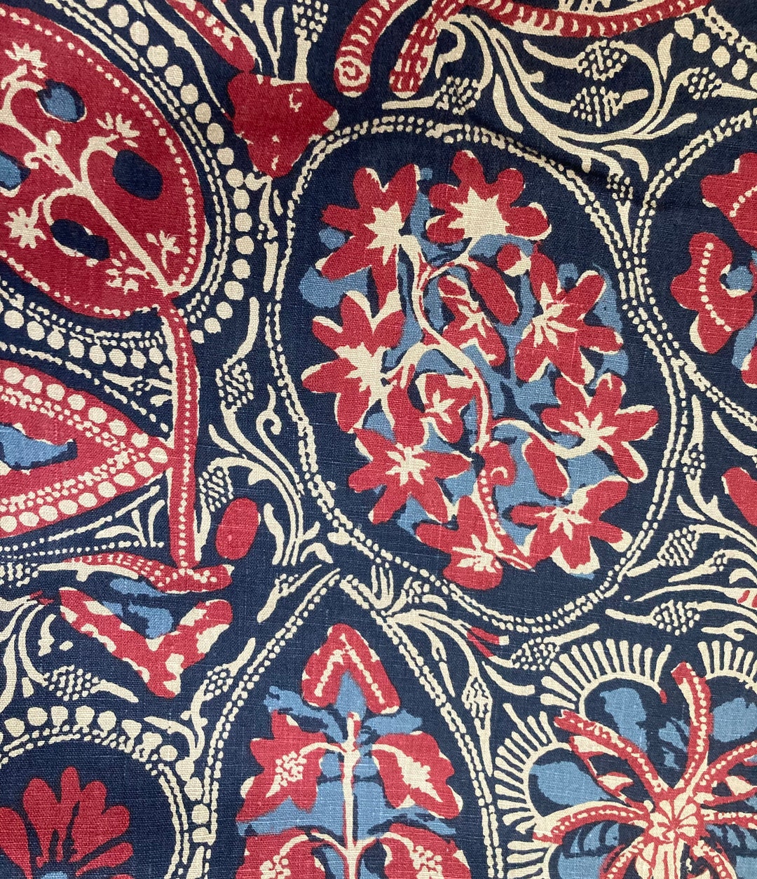 Thibaut Pillow Cover // Cochin Red Blue Floral Print Linen Pillow Cover