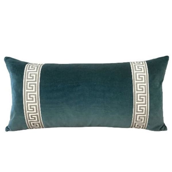 Greek Key Teal Velvet Pillow Cover // Teal Blue Velvet Lumbar Pillow Cover Custom Designer