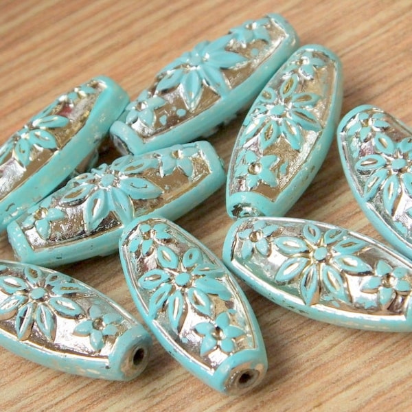 10 pcs Verdigris Tube Beads , 30x10 mm , Vintage German Beads , Floral Pattern Verdigris Beads  , Lucite Beads