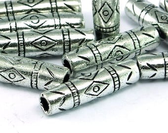 Carved Tube Beads Silver Toned Acrylic Findings , 25mm Metalized Beads , Tube Plastic Pendants