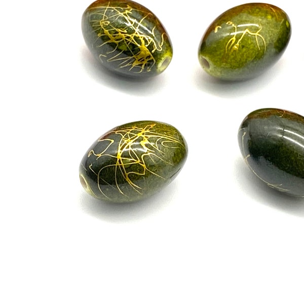 Golden Patterned Green Acrylic Beads ( 20 pcs ) - 17mm Oval Beads for Chic Jewelry