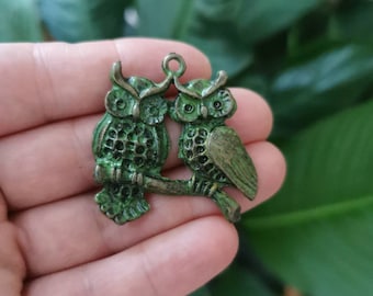 Verdigris Green Owls Pendant Patina , Metal Charms ,Findings 35mm, nickel free, Hand Painted charms