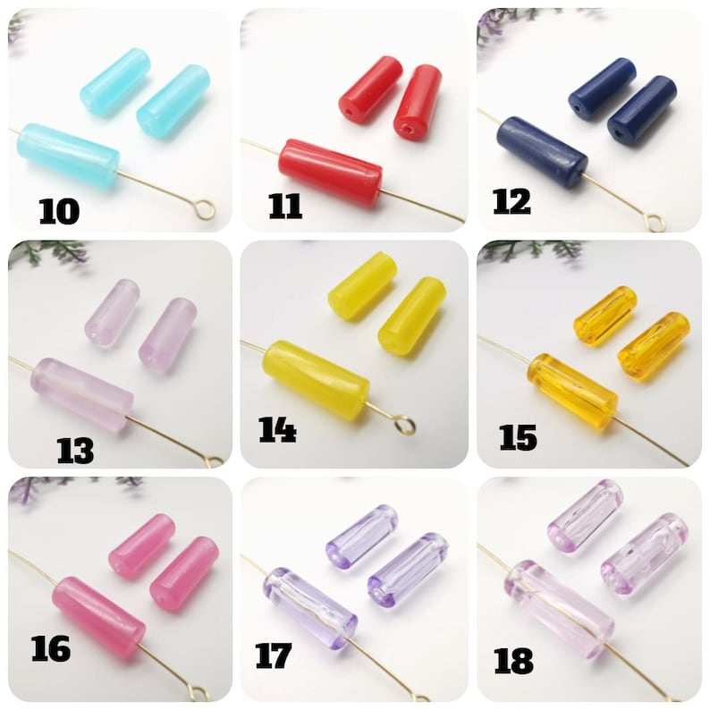 May include: Assortment of 10 different colors of glass beads, each color is shown in a row of 3 beads. The beads are all the same size and shape, and they are all translucent. The colors are: light blue, red, dark blue, light purple, yellow, orange, pink, light purple, lavender, and light pink.