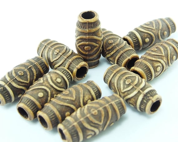 10 pcs Wood Tube Shape Beads Ornamented Tube Beads, Carved ,21x9 mm