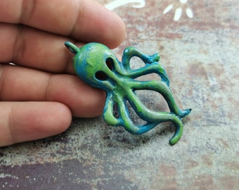 Octopus Pendant Verdigris Patina Charms , Hand Painted  Findings - Unique Pendants- 60mm