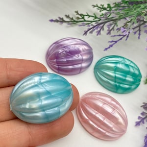 vintage Fluted Flat Back Cabochons ( 8 pcs ) , 32mm Oval Lucite Cabs , Cabochons for Jewelry , German Carved Cabs