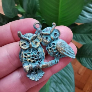 Verdigris Owls Pendant Patina , Metal Charms ,Findings 35mm, nickel free, Hand Painted charms