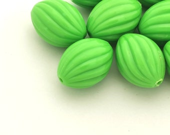 Vintage Green Fluted German Beads (8 pcs) , Findings ,  26mm Oval Lucite Beads , Green Large Acrylic Beads - FLTDB