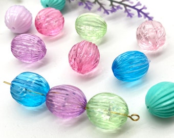 Fluted Oval Beads  (20 Pcs ) , 14mm Vintage German Beads , High Quality Striped Acrylic Beads , Craft Supplies